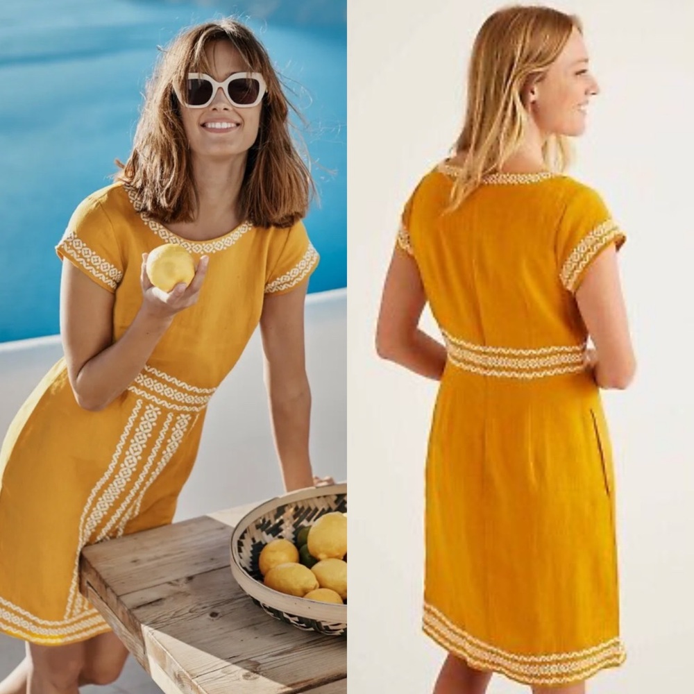 Boden Yellow Embroidered Short-Sleeve Linen Dress